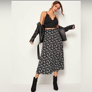 Floral Print Wide Band Waist High Split Skirt